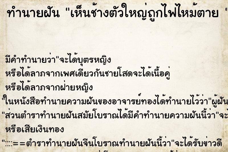 ทำนายฝัน เห็นช้างตัวใหญ่ถูกไฟไหม้ตาย 